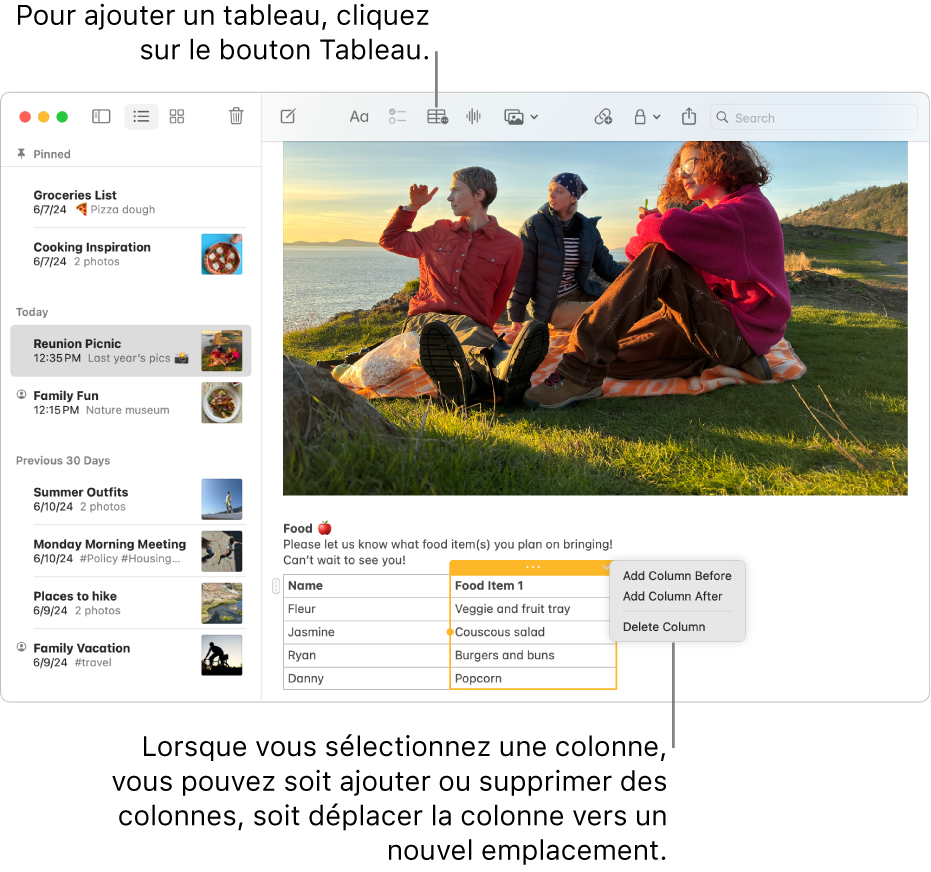 La fenêtre Notes affichant le bouton Tableau; cliquez dessus pour ajouter un tableau. Dans le contenu d’une note, une colonne de tableau est sélectionnée pour que vous puissiez ajouter ou retirer des colonnes ou les déplacer vers un nouvel emplacement.