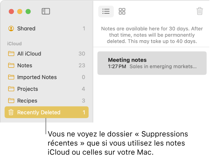 La fenêtre Notes avec le dossier Suppressions récentes dans la barre latérale et une note récemment supprimée. Le dossier Suppressions récentes s’affiche uniquement si vous utilisez des notes iCloud ou des notes stockées sur votre Mac.