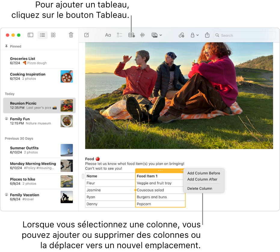 La fenêtre Notes affichant le bouton Tableau. Cliquez dessus pour ajouter un tableau. Dans une note, une colonne de tableau est sélectionnée ; vous pouvez ajouter ou supprimer des colonnes, ou faire glisser la colonne une vers un nouvel emplacement.