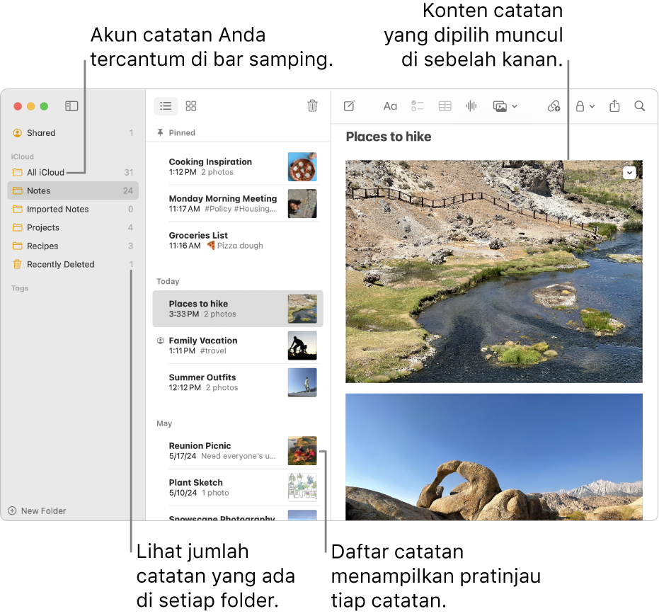 Semua jendela Catatan di Mac dengan semua akun serta folder Anda yang dikonfigurasikan tercantum di bar samping di kikir, daftar catatan di tengah menampilkan pratinjau tiap catatan, dan konten catatan yang dipilih muncul di kanan. Jumlah catatan muncul di samping tiap folder.