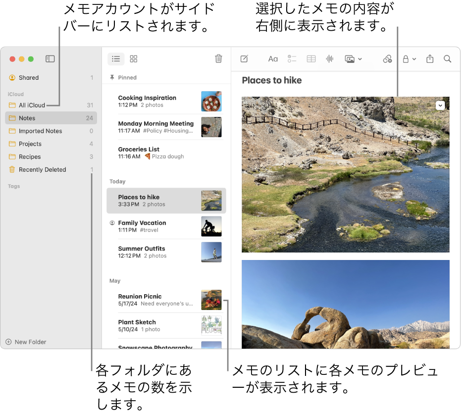 Macのメモアプリのウインドウ。左側のサイドバーにはすべての構成されたアカウントおよびフォルダが一覧表示され、中央のメモリストには各メモのプレビュー、右側には選択されたメモの内容が表示されています。各フォルダの横にメモの数が表示されています。