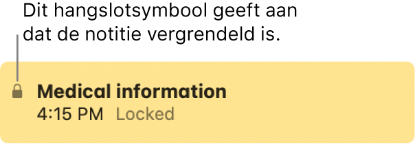 Vergrendelde notitie met een hangslotsymbool helemaal links.