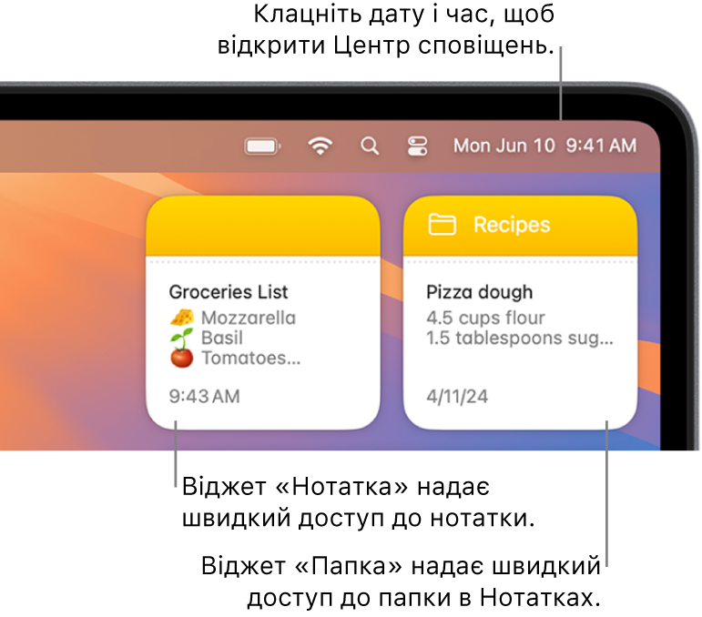 Два віджети Нотаток: віджет «Папка», який показує папку в Нотатках, і віджет «Нотатка», який показує нотатку. Клацніть дату і час на смузі меню, щоб відкрити Центр сповіщень.