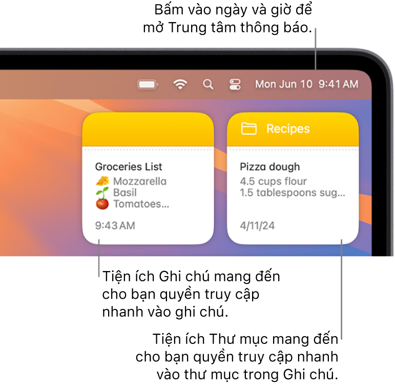 Hai tiện ích Ghi chú—tiện ích Thư mục hiển thị thư mục trong Ghi chú và tiện ích Ghi chú hiển thị một ghi chú. Bấm vào ngày và giờ trong thanh menu để mở Trung tâm thông báo.