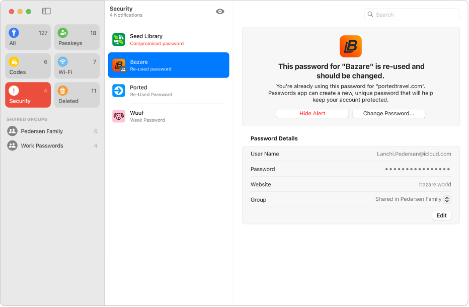 The main screen for the Passwords app, showing the types of passwords in the sidebar on the left (with Security selected), a list of password accounts with potential security concerns in the middle (with Bazare selected) and the details of the Bazare account security concern on the right.