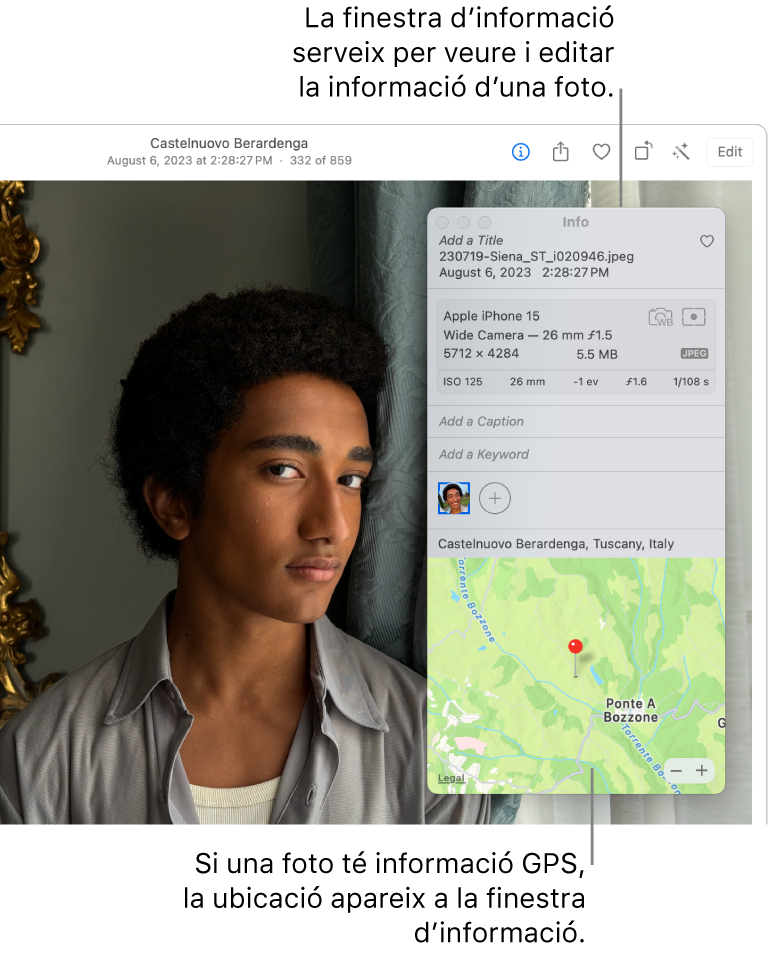 A l’app Fotos hi ha una foto oberta, amb la seva informació.