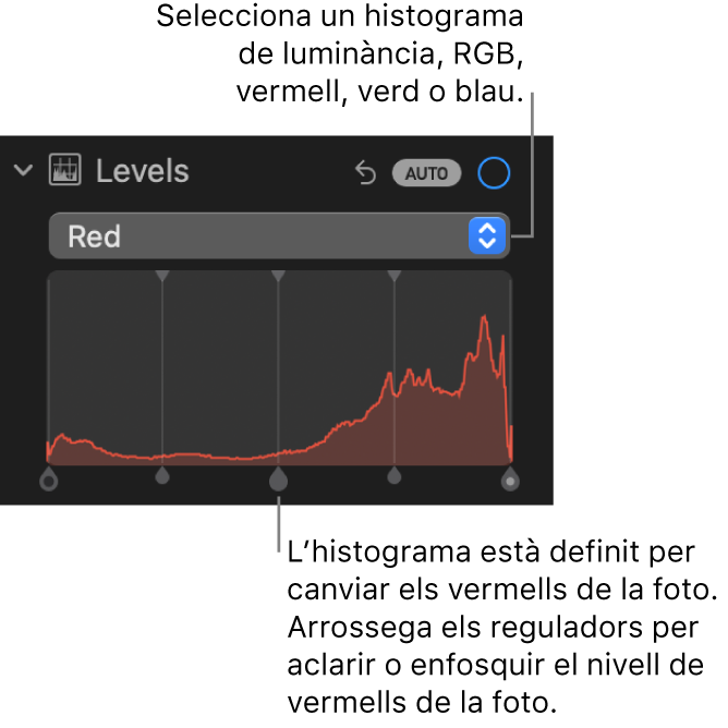 Els controls de “Nivells” del tauler “Ajusta”, que mostren l’histograma corresponent als vermells amb marcadors a sota per ajustar els nivells de vermell de la foto.