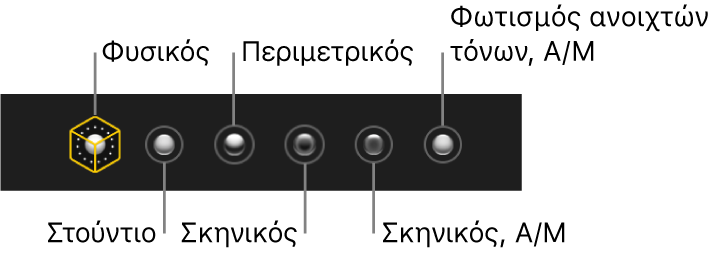 Επιλογές εφέ φωτισμού σε λειτουργία Πορτρέτου, συμπεριλαμβανομένων (από αριστερά προς τα δεξιά) των επιλογών «Φυσικός», «Στούντιο», «Περίγραμμα», «Σκηνικός», «Σκηνικός, Α/Μ» και «Φωτισμός ανοιχτών τόνων Α/Μ».