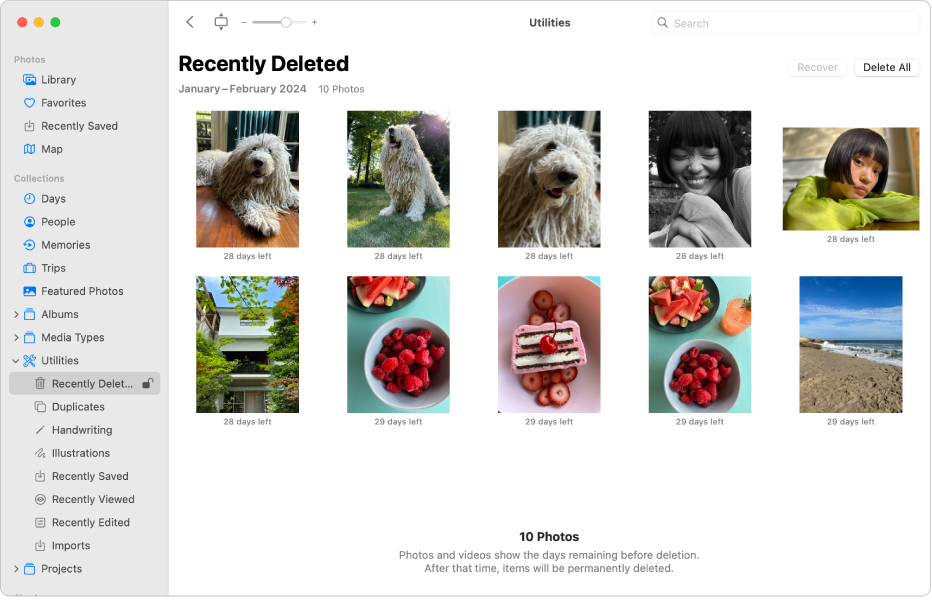 The Photos window showing Recently Deleted selected in the sidebar and recently deleted items on the right.