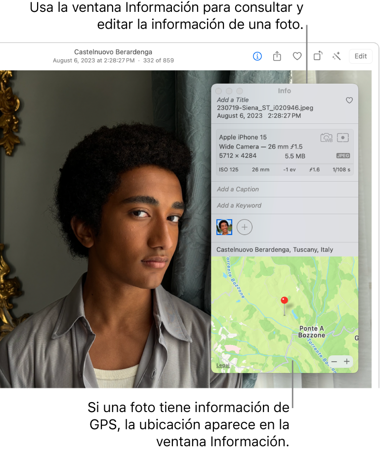 Una foto abierta en la app Fotos mostrando la información de la foto.