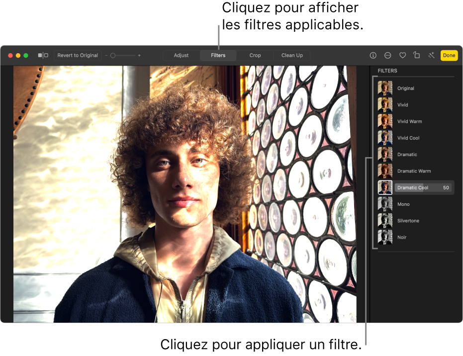 La photo en mode édition, avec l’outil Filtres sélectionné dans la barre d’outils et les options de filtre à droite.