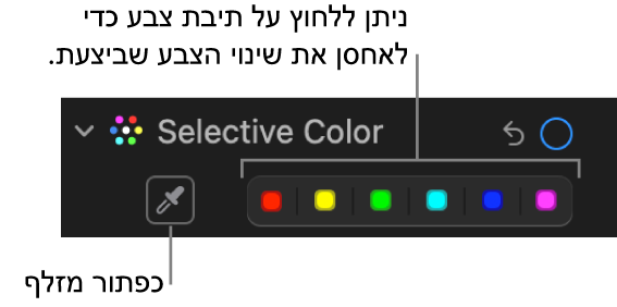 כלי בקרה של ״צבע סלקטיבי״ בחלונית ״התאם״, המציג את הכפתור ״טפטפת עיניים״ ומאגרי צבעים.