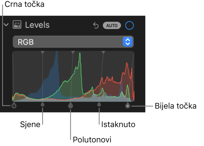 Kontrole Razine u prozoru Prilagodi s prikazom RGB histogram s hvatištima ispod, uključujući (slijeva nadesno) crnu točku, sjene, srednje tonove, svijetla područja i bijelu točku.