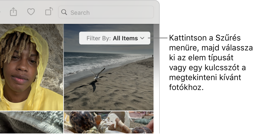 A Szűrő felugró menü, amely úgy van beállítva, hogy minden elemet megjelenítsen.