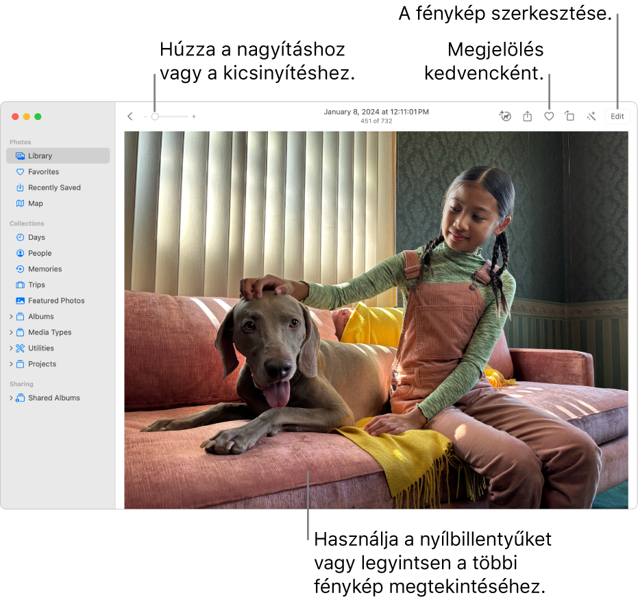 A Fotók ablakában a jobb oldalon egy kinagyított fotó látható. A fenti eszközsoron található a Nagyítás csúszka, a Kedvenc gomb és a Szerkesztés gomb.