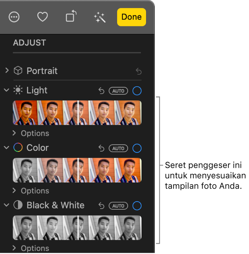 Penggeser Cahaya, Warna, dan Hitam & Putih di panel Sesuaikan. Tombol Otomatis muncul di atas tiap penggeser.