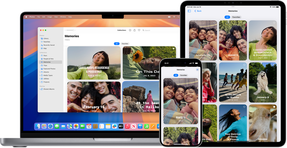 iPhone, MacBook, dan iPad yang menampilkan memori dari perpustakaan foto yang sama.