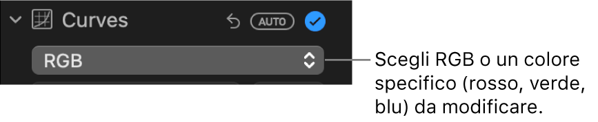 I controlli Curve nel pannello Regola con l’opzione RGB selezionata nel menu a comparsa.