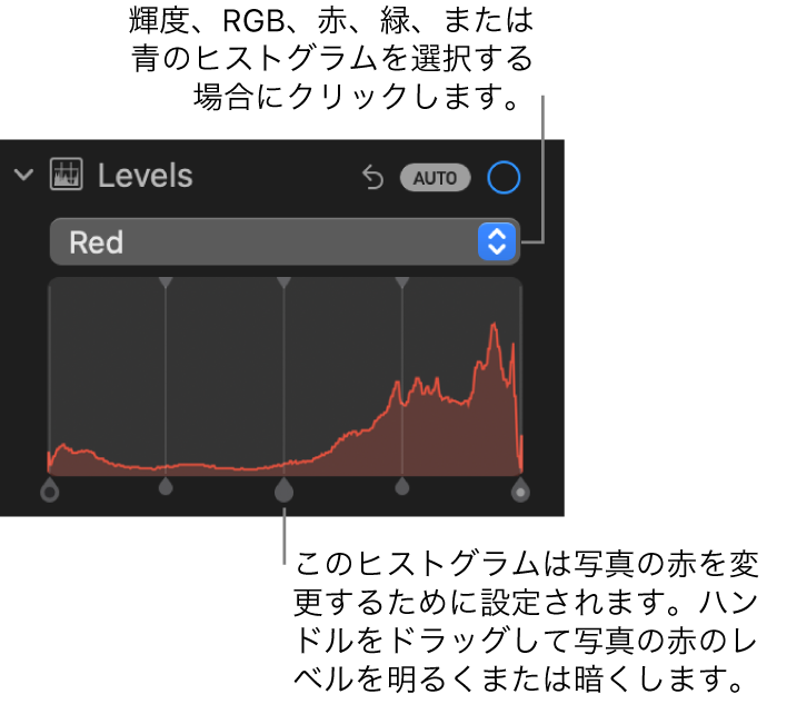 「調整」パネルの「レベル」コントロール。写真の赤レベルを調整するためのハンドルが下にある「赤」ヒストグラムが表示されています。