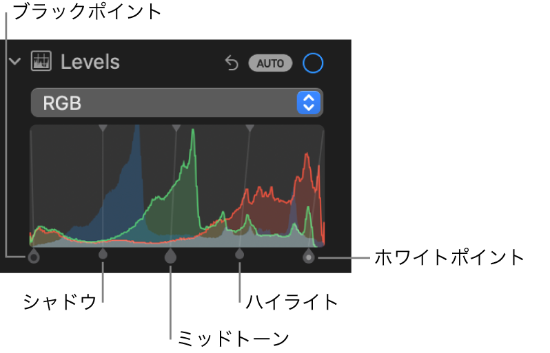 「調整」パネルの「レベル」コントロール。（左から右へ）ブラックポイント、シャドウ、ミッドトーン、ハイライト、ホワイトポイントのハンドルがある「RGB」ヒストグラムが下に表示されています。