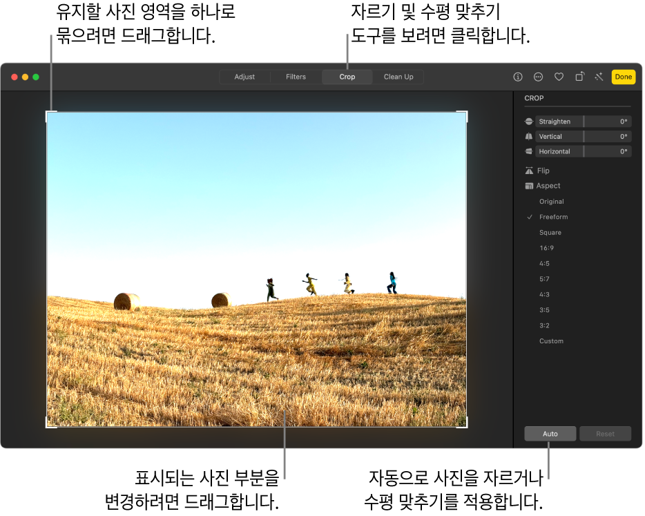 도구 막대에 자르기가 선택되어 있고, 선택 부분을 지정하는 사진 주위의 직사각형, 수평 맞추기 슬라이더, 영상비 옵션, 그리고 오른쪽에 자동 및 재설정 버튼이 있는 편집 보기 상태의 사진.