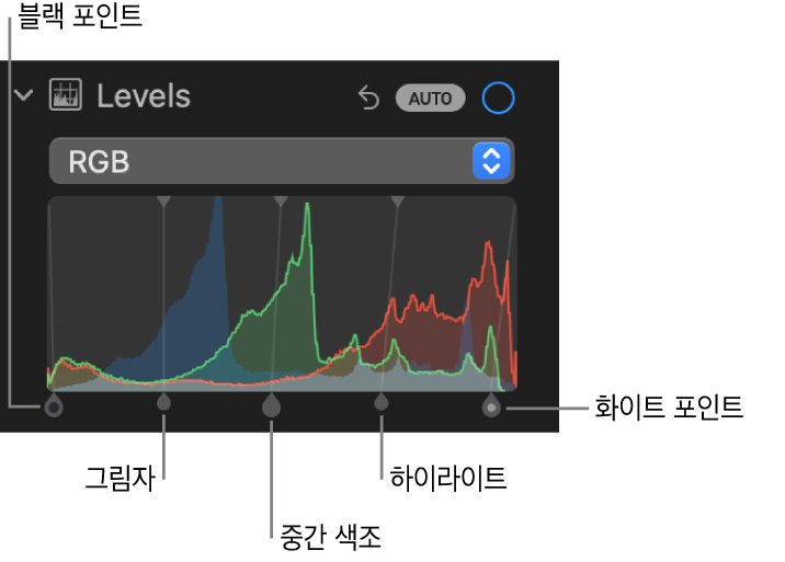 왼쪽부터 오른쪽으로 블랙 포인트, 그림자, 중간 색조, 하이라이트 및 화이트 포인트를 포함한 RGB 히스토그램과 아래 핸들을 보여주는 조절 패널의 레벨 제어기.