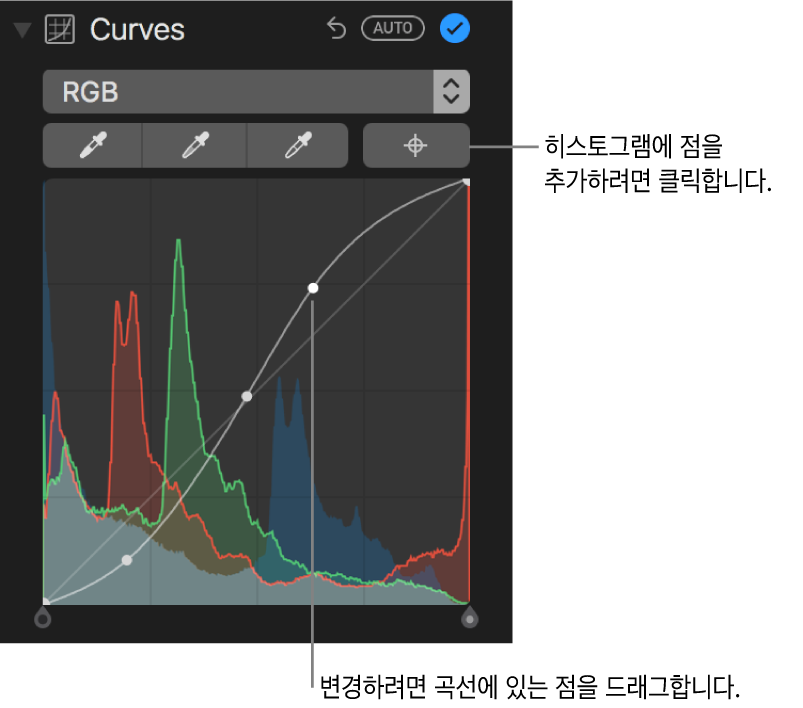 오른쪽 상단에 점 추가 버튼과 아래에 RGB 히스토그램이 표시된 조절 패널의 곡선 제어기.