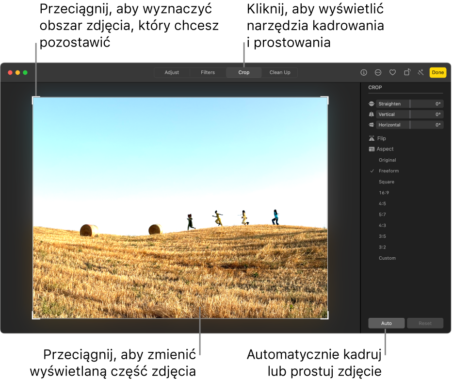 Zdjęcie w widoku edycji. Na pasku narzędzi zaznaczona jest opcja Kadrowanie. Wokół zdjęcia widoczny jest prostokąt zaznaczenia. Po prawej stronie zdjęcia znajdują się suwaki prostowania, opcje dotyczące proporcji oraz przyciski Autom. i Wyzeruj.