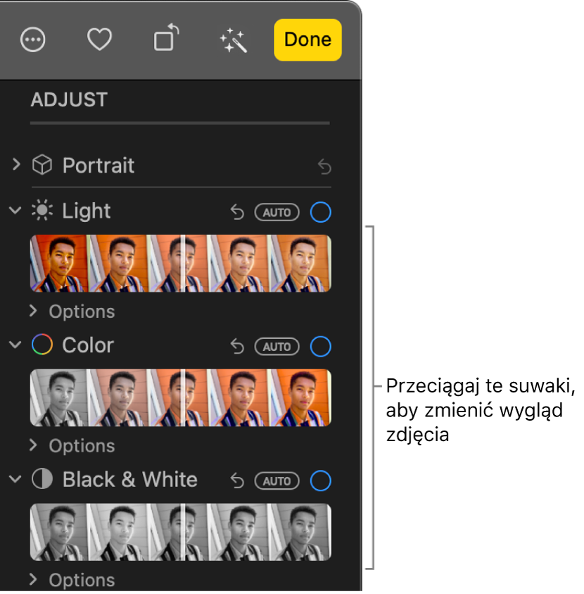 Suwaki Światło, Kolor oraz Czerń i biel w panelu Skoryguj. Nad każdym suwakiem widoczny jest przycisk Autom.
