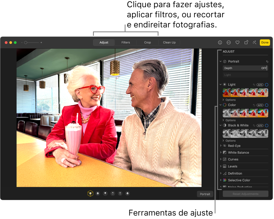Uma fotografia na vista de edição, com a opção Ajustar selecionada na barra de ferramentas e as ferramentas de ajuste do lado direito.