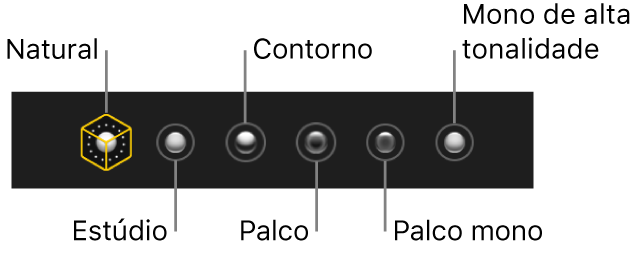 Opções dos efeitos de iluminação do modo vertical, incluindo (da esquerda para a direita): Natural, Estúdio, Contorno, Palco, Palco mono e Mono de alta tonalidade.