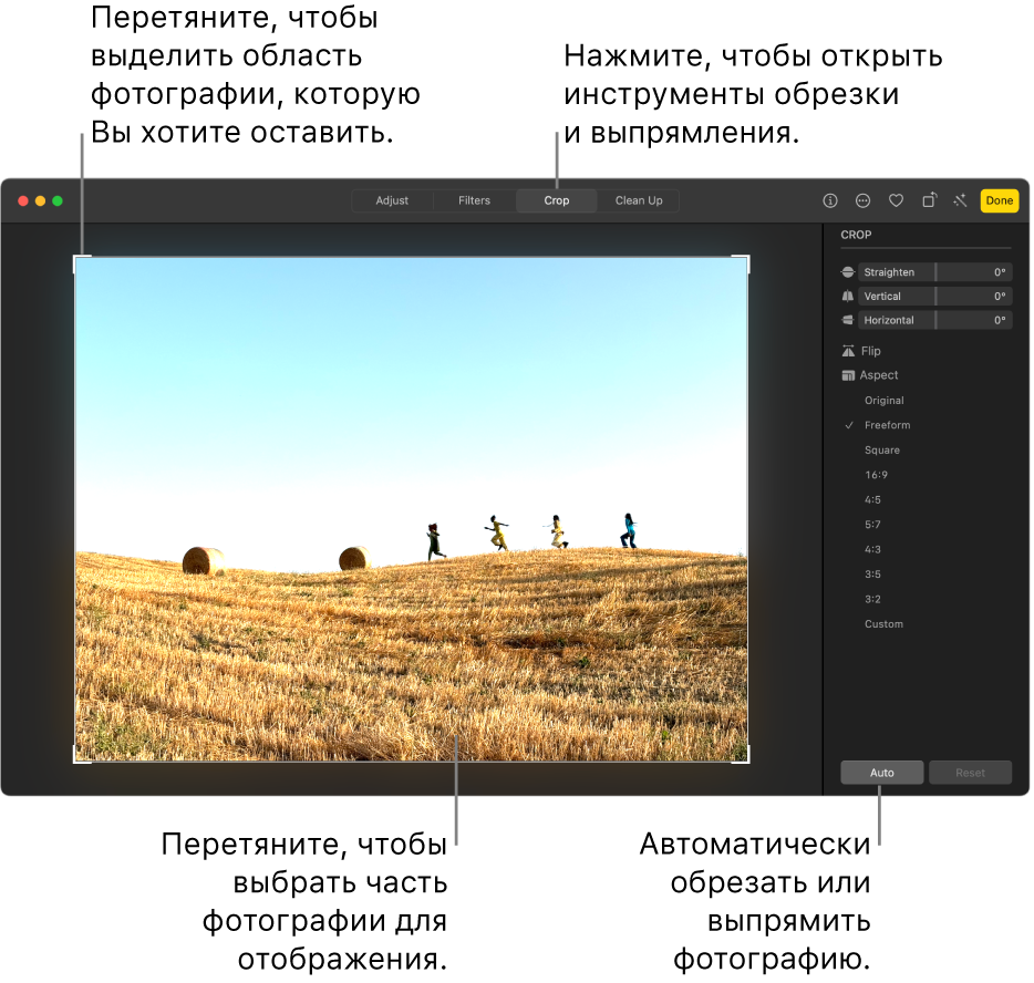 Фотография в режиме редактирования. В панели инструментов выбран инструмент «Обрезать». Вокруг фотографии показан прямоугольник выбора, а справа — бегунки выпрямления, параметры соотношения сторон и кнопки «Авто» и «Сбросить».