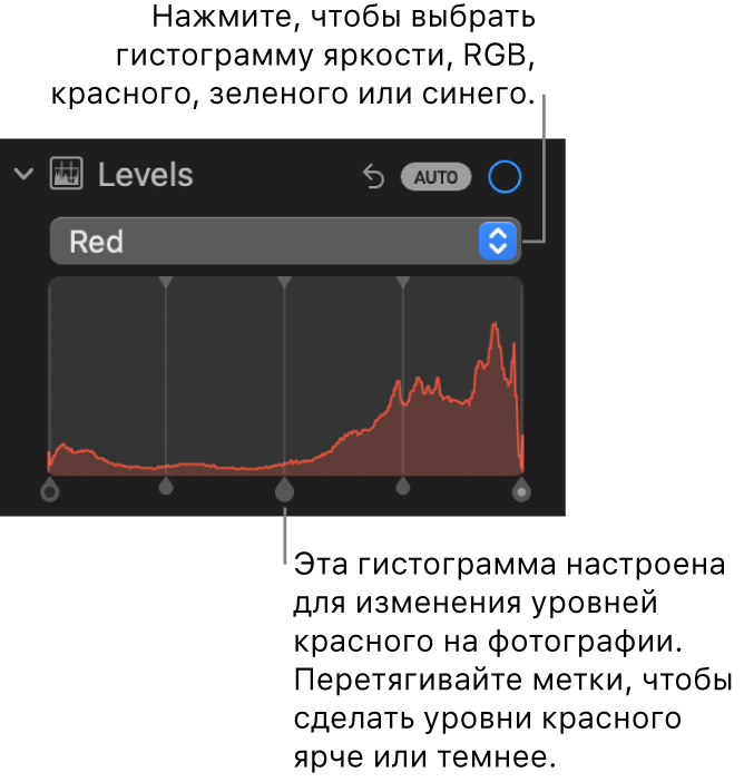 Элементы управления уровнями в панели «Корректировка». Показана гистограмма красного цвета с маркерами внизу для регулировки уровней красного цвета на фотографии.