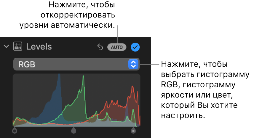 Элементы управления уровнями в панели «Корректировка». В правом верхнем углу показана кнопка «Авто», под которой находится гистограмма RGB.