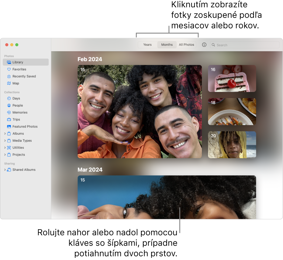Okno apky Fotky zobrazujúce možnosť Mesiace, ktorá je vybratá v paneli s nástrojmi, a fotky usporiadané podľa dátumu v hlavnej oblasti okna.