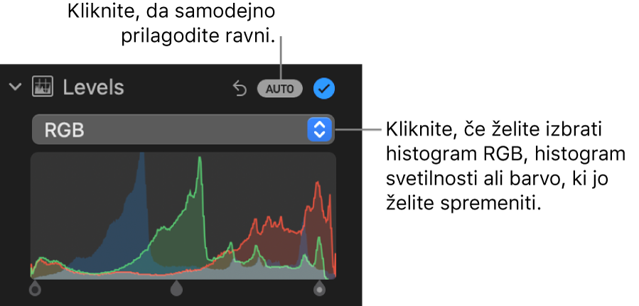 Krmilne funkcije možnosti Ravni v podoknu Prilagodi z gumbom Samodejno zgoraj desno in histogramom RGB spodaj.