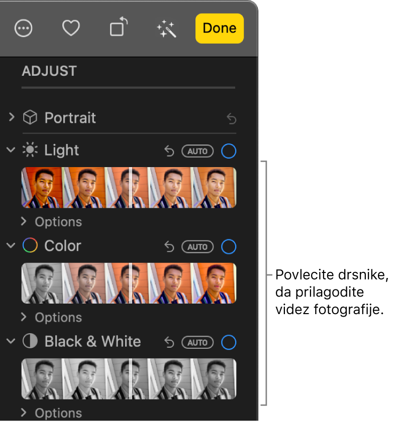 Drsniki možnosti Svetloba, Barva ali Črno-belo v podoknu Prilagodi. Nad vsakim drsnikom je prikazan gumb Samodejno.