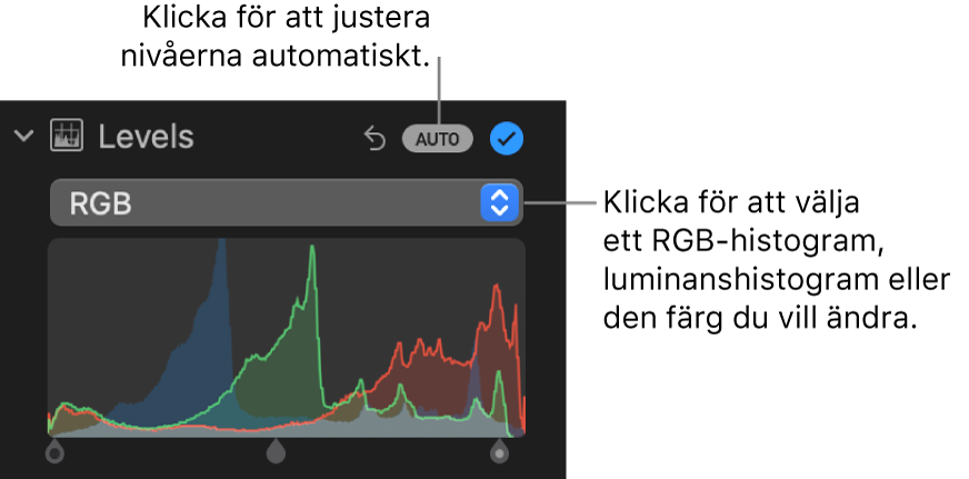 Nivåreglagen på panelen Justera med Auto-knappen högst upp till höger och RGB-histogrammet nedanför.