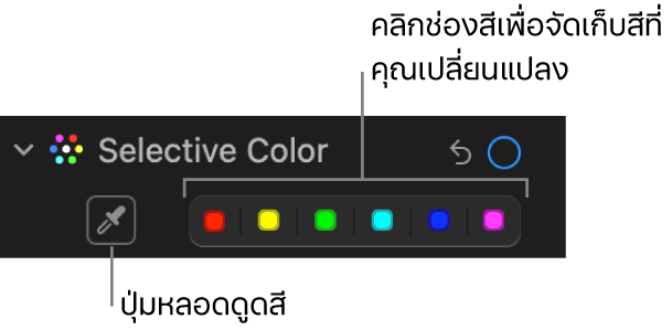 ตัวควบคุมสีที่เลือกในบานหน้าต่างการปรับที่แสดงปุ่มหลอดดูดสีและช่องสี