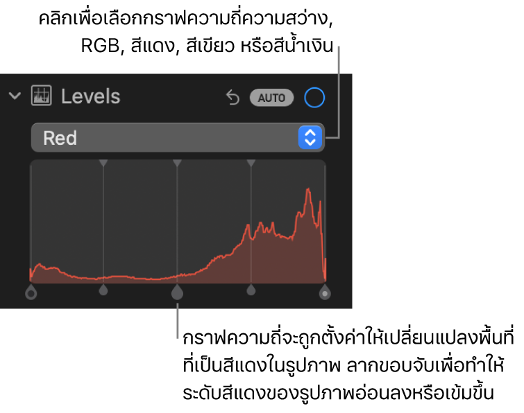 ตัวควบคุมระดับในบานหน้าต่างการปรับที่แสดงฮิสโตแกรมสีแดงพร้อมขอบจับด้านล่าง สำหรับปรับระดับสีแดงของรูปภาพ