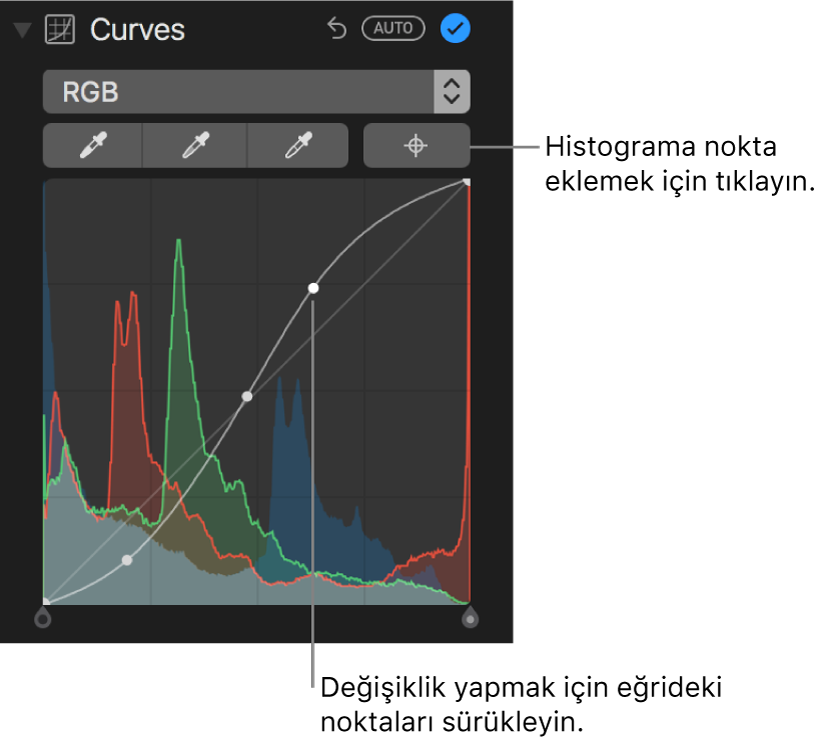 Sağ üstte Noktalar Ekle düğmesini ve altta RGB histogramını gösteren Ayarla bölümündeki Eğriler denetimleri.