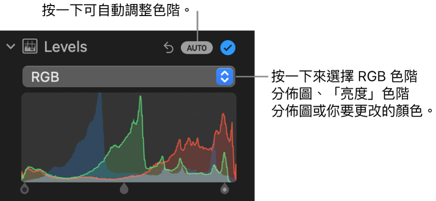 「調整」面板中的「色階」控制項目，右上方顯示「自動」按鈕，下方顯示 RGB 色階分佈圖。