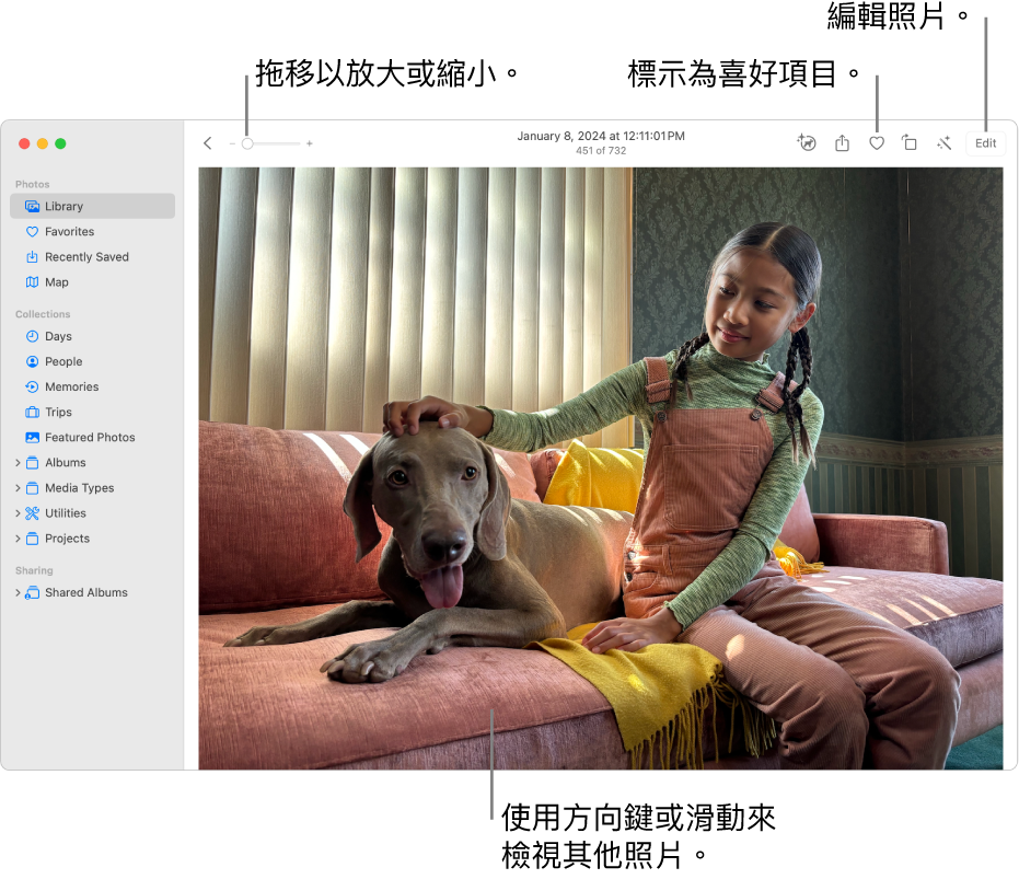 「照片」視窗在右側顯示放大的照片。最上方的工具列包含「縮放」滑桿、「喜好項目」按鈕以及「編輯」按鈕。
