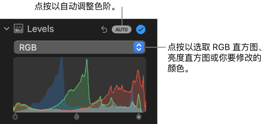 “调整”面板中的“色阶”控制，包含右上方的“自动”按钮和下方的 RGB 直方图。