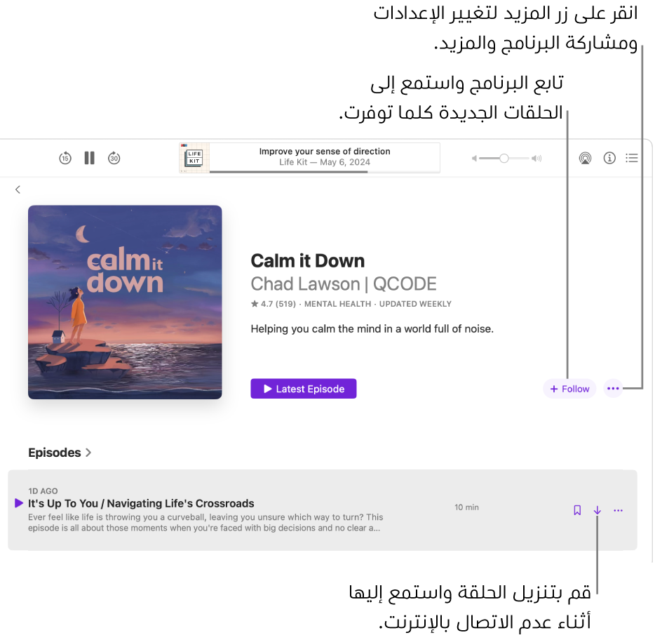 صفحة معلومات للبودكاست، تعرض أزرار متابعة والمزيد وتنزيل.