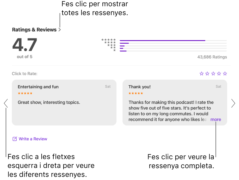 La secció “Ressenyes i valoracions” d’un programa a l’app Pòdcasts. Fes clic a les fletxes dreta i esquerra que hi ha a les vores de la pantalla per desplaçar‑te endavant i endarrere. Fes clic a “més” per veure una ressenya sencera.