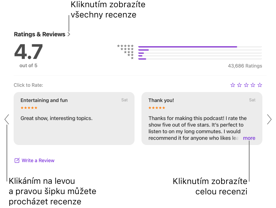 Sekce „Hodnocení a recenze“ pořadu v aplikaci Podcasty. Kliknutí na šipky doleva a doprava na okrajích obrazovky umožňuje posouvání dozadu nebo dopředu. Kliknutí na „více“ zobrazí celou recenzi