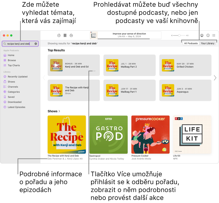 Okno aplikace Podcasty, v němž je v levém horním rohu ve vyhledávacím poli vidět zadaný text a napravo na obrazovce jsou díly a pořady, které vyhovují kritériím hledání všech podcastů. Kliknutím na odkaz pod názvem pořadu zobrazíte podrobnosti o pořadu a jeho dílech. Pomocí tlačítka Další u pořadu můžete pořad přidat do sledovaných, změnit jeho nastavení nebo provést další akce.