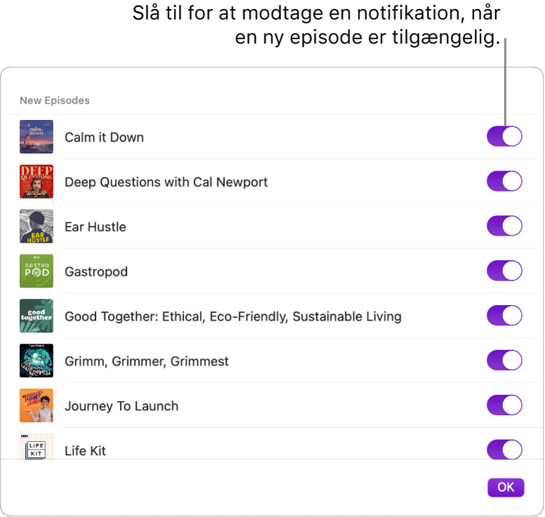Indstillinger til Notifikationer. Klik på kontakten for at få en notifikation, når en ny episode er tilgængelig.
