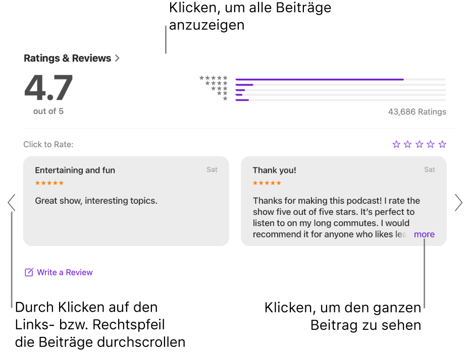 Die Seite „Bewertungen & Rezensionen“ einer Sendung in der App „Podcasts“. Klicke auf den Linkspfeil und den Rechtspfeil am Rand des Bildschirms, um vorwärts oder rückwärts zu scrollen. Klicke auf „Mehr“, um eine komplette Rezension anzuzeigen.